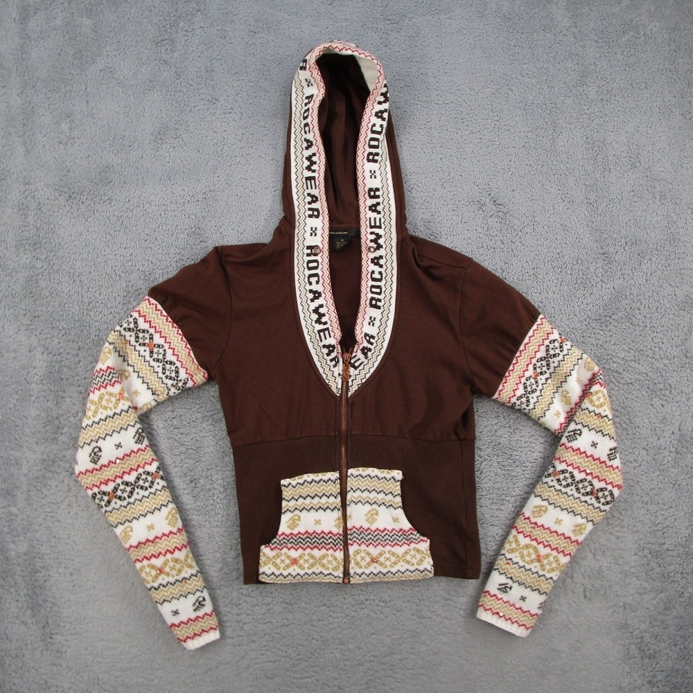 Rocawear Womens Brown Fair Isle Knit Sleeve Zip Up Hoodie Y2K Size Medium